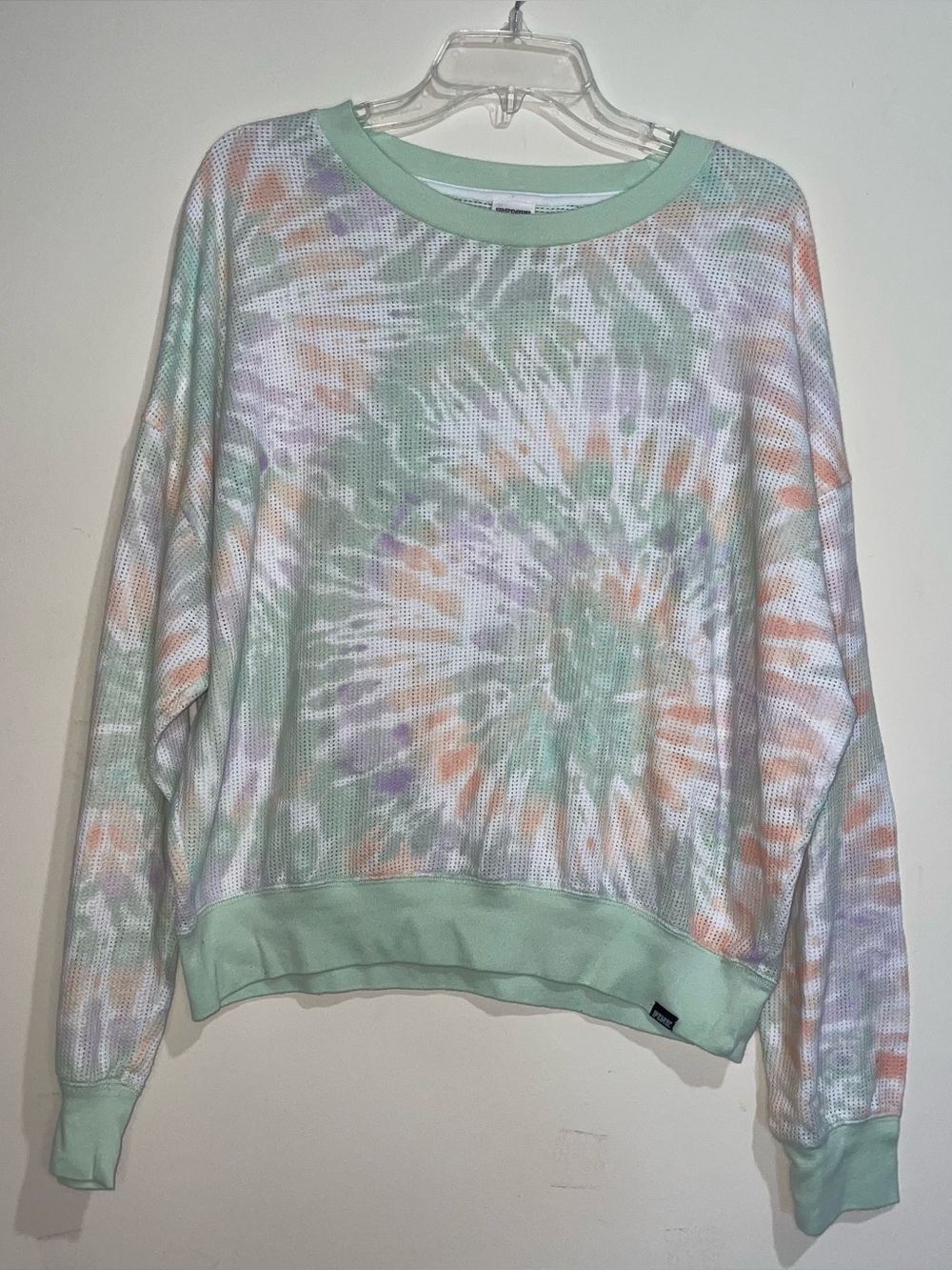 PINK Pastel Tie Dye Green Lined Layered Mesh Crewneck L Pullover Preppy